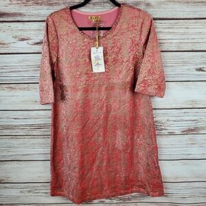 NWT April Cornell Womens XS Salmon/Gold Velvet Damask Embossed 3/4 Sleeve Dress